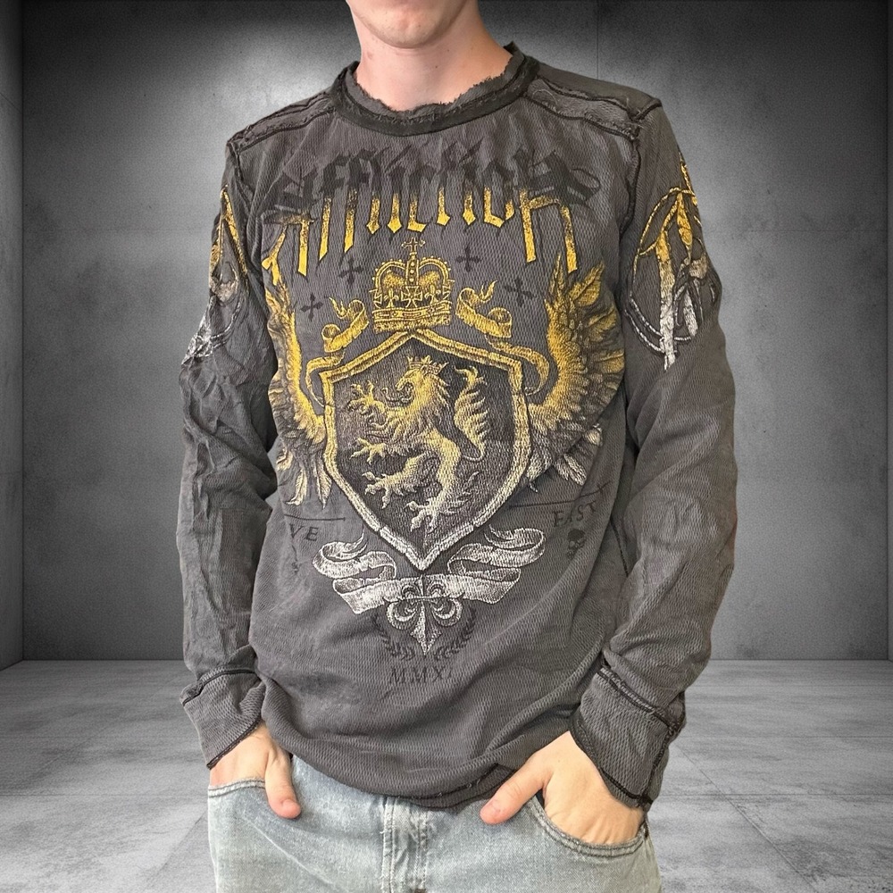 Affliction Reversible Thermal Shirt XL Grey Black Neon Green Y2K Long Sleeve